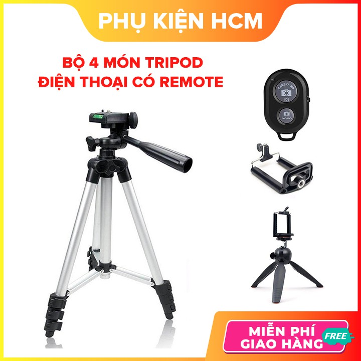 Bộ 4 món Tripod Điện Thoại có Remote 💚FreeShip💚 Có Gậy Chụp Ảnh 3 Chân + Kẹp + Remote + Chân đế - Shop Phụ Kiện HCM