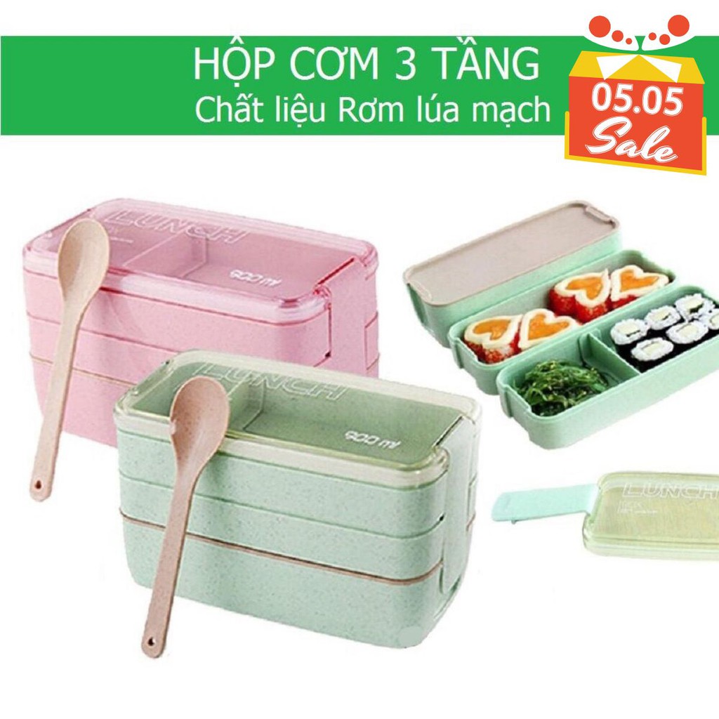 Hộp Cơm 3 Tầng Lúa Mạch Kèm Thìa,Dĩa - Loại Mới nhất 2019