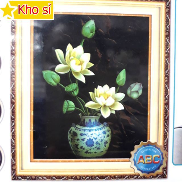Tranh đính đá khổ nhỏ Bình hoa sen Y8202 (50x75cm) [KHO SỈ] Tranh chất lượng cao