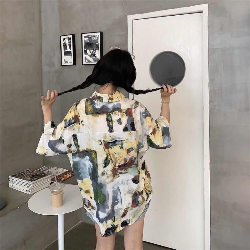 SUXI Áo Sơ Mi Tay Ngắn In Họa Tiết Phong Cách Retro Hàn Quốc