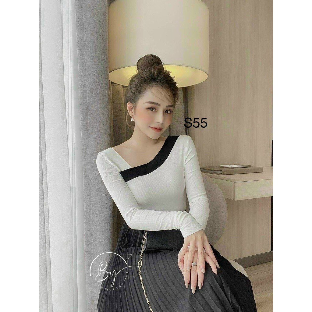 Áo thun lệch vai tay dài phối viền chất thun pozip mềm mịn, dày dặn- giá sĩ- khosigiahuy