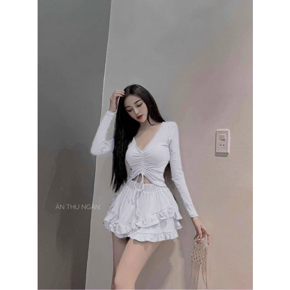 Set áo rút dây cổ v và chân váy bèo tầng siêu hot | BigBuy360 - bigbuy360.vn