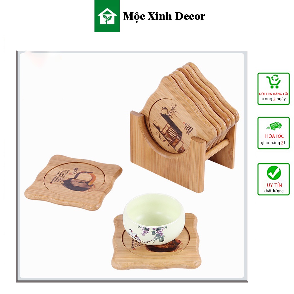 Bộ lót ly   gỗ 7 món gồm 6 miếng lót ly và 1 khung đựng lót tiện dụng