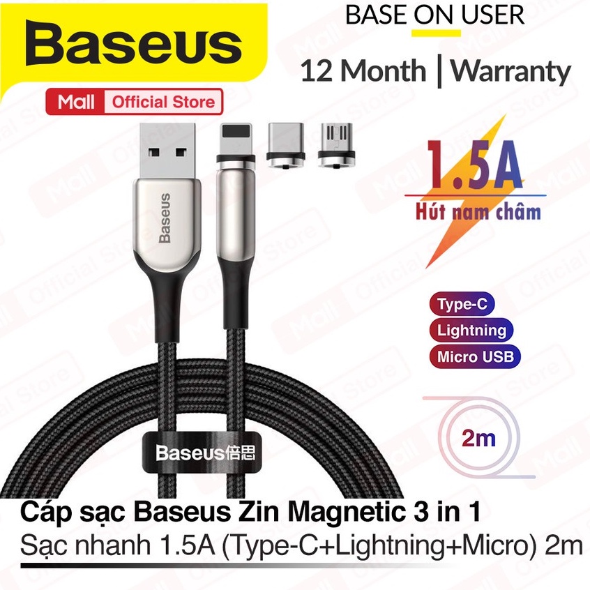 Cáp sạc hít nam châm Baseus Zinc Magnetic Cable Kit 3in1 gồm 3 đầu M+L+C hỗ trợ sạc nhanh 2A/1.5A dài 1m/2m