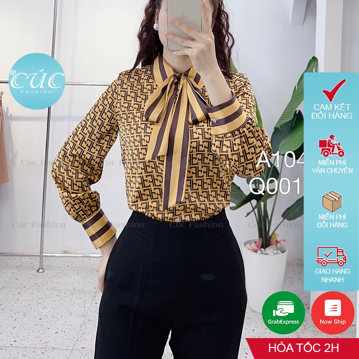 Áo sơ mi nữ Cúc Fashion sơmi kiểu dài tay vải lụa cao cấp thời trang công sở đi học kẻ xanh cam buộc nơ chữ FF đẹp A1042