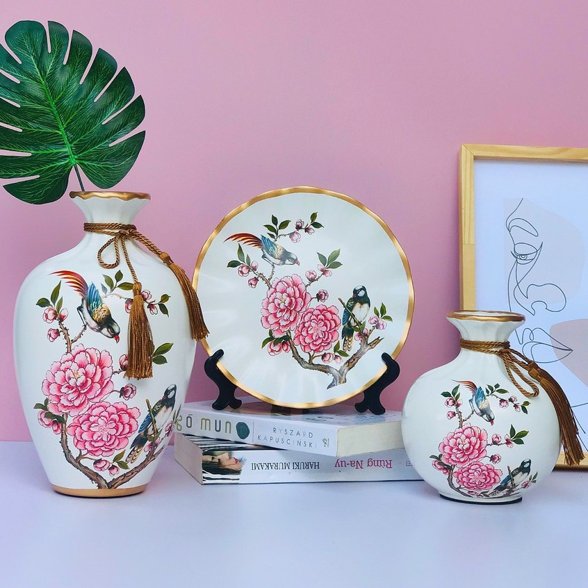 Bộ Lọ Decor 3 Món Bình Hút Lộc Trang Trí Tặng Kèm Kệ Đĩa Dây Buộc