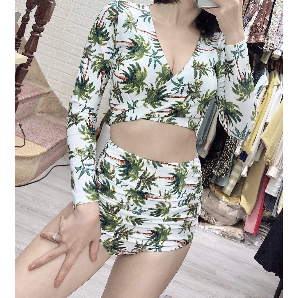 Bikini hai mảnh dài tay 🏖️Freeship🏖️ họa tiết hoa lá cây dừa quần cạp cao mặc đi biển đi bơi tại Hà Nội