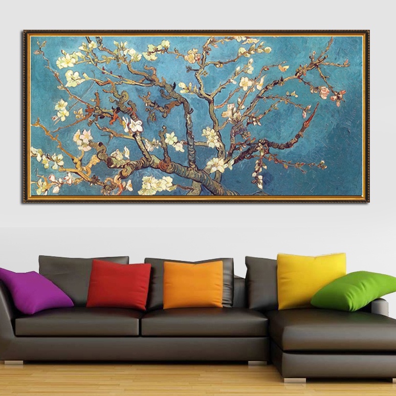 (tranh treo phòng khách) tranh hoa đào cổ phong cách vẽ sơn dầu in decal pp
