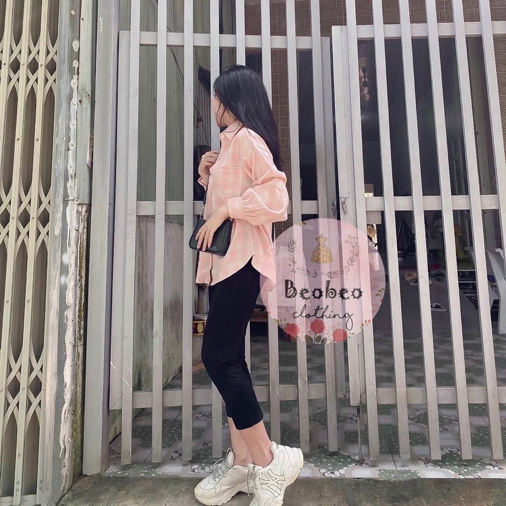Set áo sơ mi caro pastel tay phồng kèm quần legging ulzzang