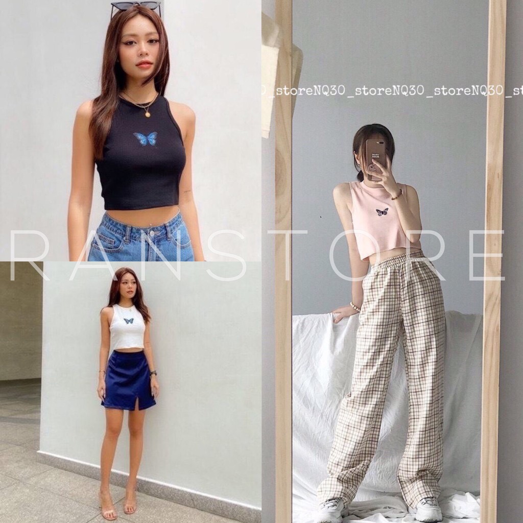 Áo kiểu nữ dáng croptop ba lỗ bướm ôm body phong cách hà quốc/ Áo thun crt không tay dáng ngắn ulzzang_ranstore