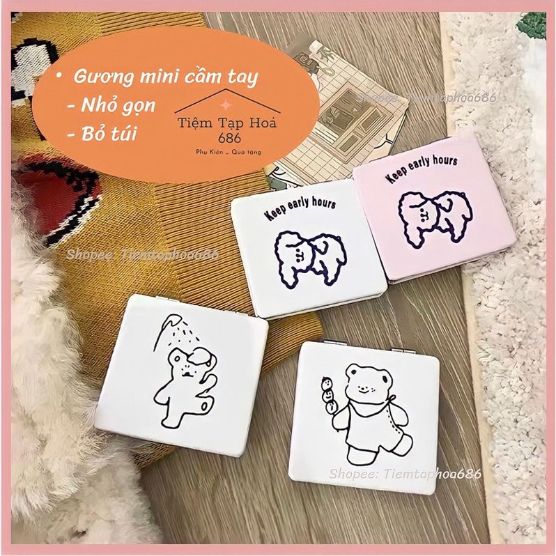 Gương mini cầm tay 💥FREESHIP💥 Gương trang điểm mini hai mặt bỏ túi cao cấp dễ thương PK119