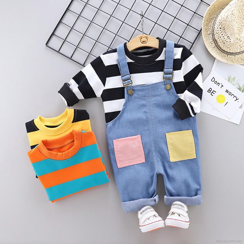 Set áo thun sọc ngang + quần yếm denim cho bé