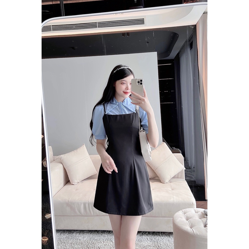 Sét yếm váy hai dây đen trơn mix áo sơ mi xanh chất liệu cotton, áo sơ mi nữ cổ nhọn Hàn Quốc