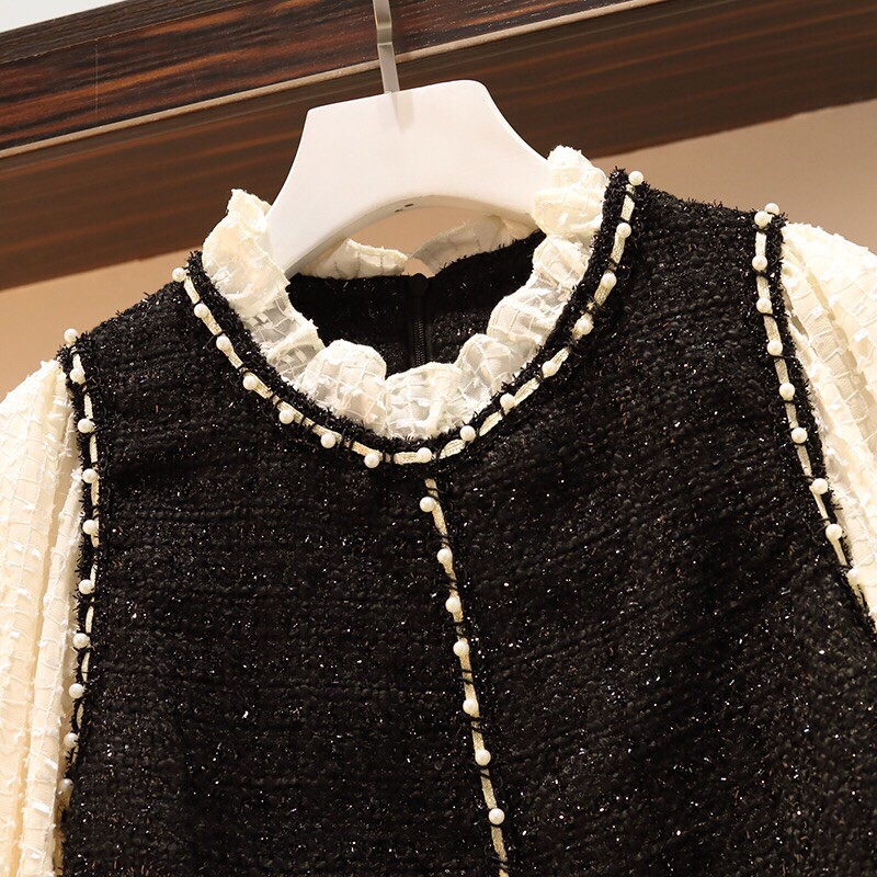 Bigsize Váy vải dạ tweed tay ren điệu nữ tính phù hợp dự tiệc ( order)
