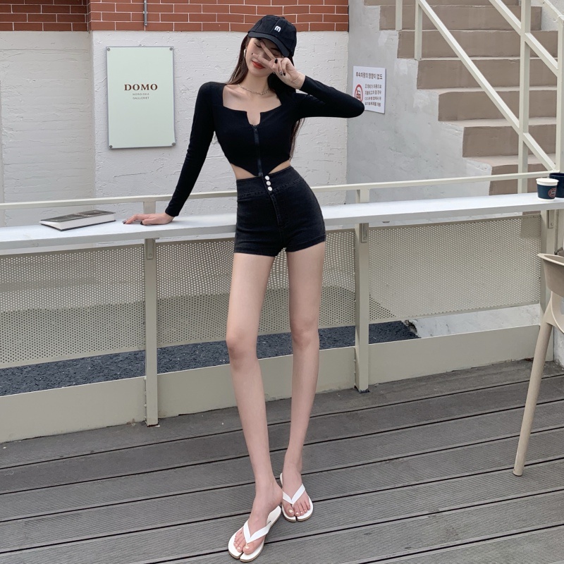 Áo thun dáng ôm tay dài phối khóa kéo phong cách mùa thu