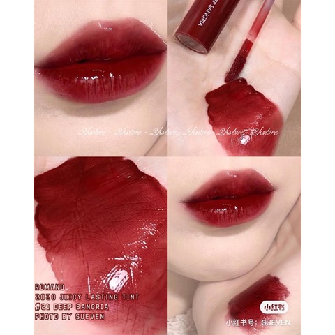 Son tint bóng Romand màu 21 Juicy Lasting Tint đỏ mận