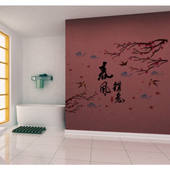 Decal trang trí tường Cây hoa anh đào và chữ