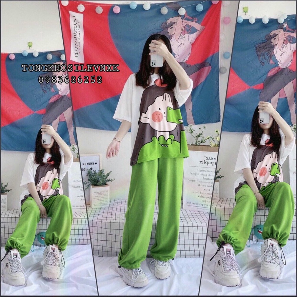 Bộ Áo Thun Tay Lỡ Cô Gái Quả Đào + Quần Bom Chun Gấu Xanh Neon Hot