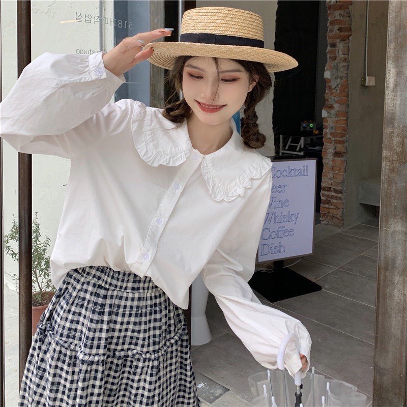 Áo sơ mi trắng kiểu dáng vintage viền bèo xinh nhẹ nhàng_m112