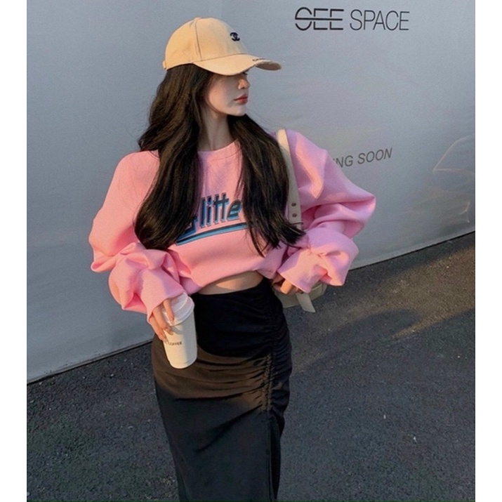 Set áo thun croptop tay dài và chân váy body rút