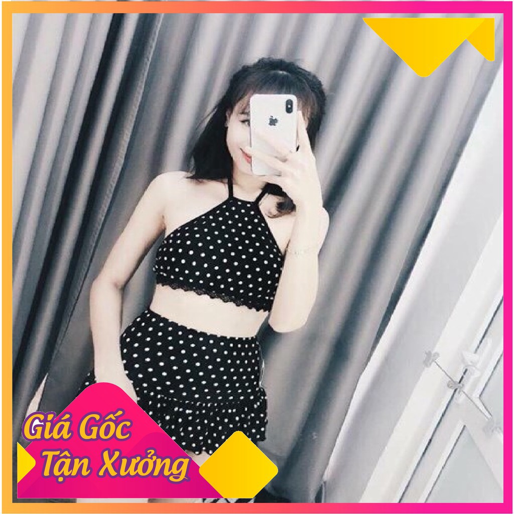 Bikini 2 mảnh áo yếm chấm bi+ váy đuôi cá ảnh thật shop chụp