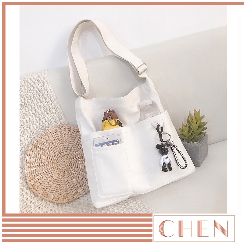Túi tote đeo chéo đeo vai đi học vải canvas nữ CHEN túi vải a4 đựng laptop sách vở ulzzang tặng kèm sticker TX34