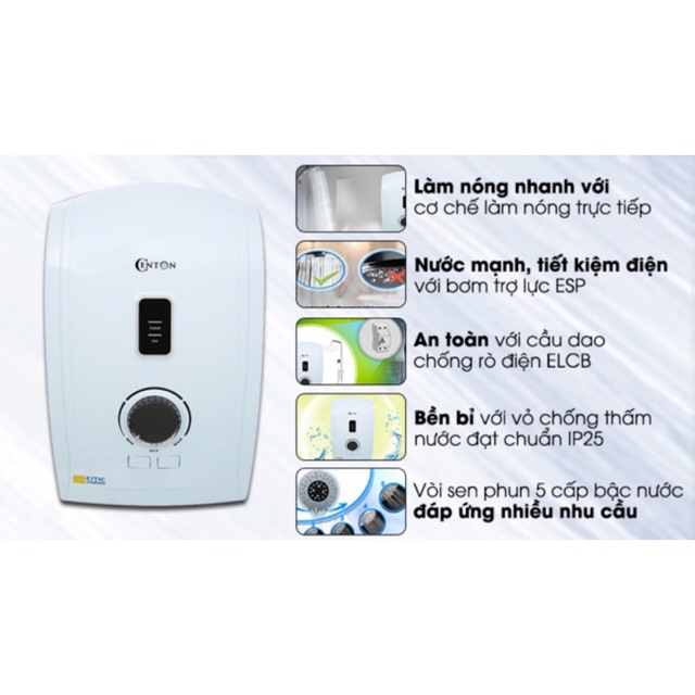 Máy nước nóng trực tiếp Centon GD600E(không bơm), GD600ESP(có bơm) 4.5KW