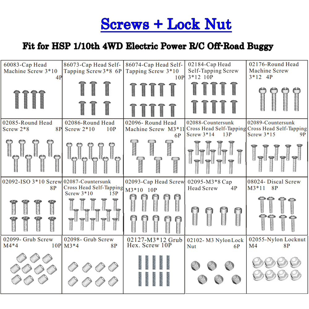 Lock Nut+Screws Fit for HSP 1/10th 4WD Electric Power R/C Off-Road Buggy Total: 167 Pcs
