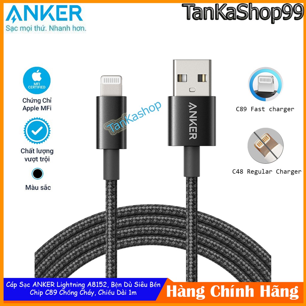 Cáp Sạc Anker Lightning A8152 Bện Dù Siêu Bền, Chuẩn MFi, Chip C89 Chống Cháy, Chiều Dài 1m Dùng Cho iphone ipad