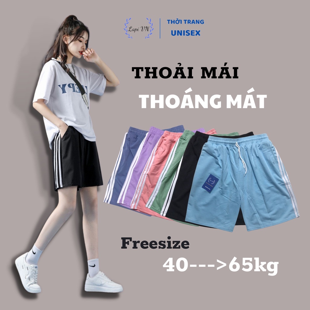 Quần Short Lửng 3 Sọc Unisex Nam Nữ Lapi VN, Freesize Đến 75kg, Chất Thun Dày Dặn Có Dây Rút, Quần Đùi 3 Line Phối Màu