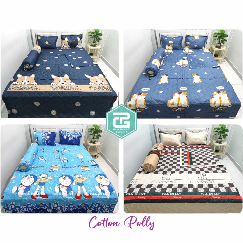 Bộ ga gối Cotton Poly 5 món Loại 1 ( 1 mền chần bông + 1 ga + 1 gối ôm + 2 áo gối thêu có khóa kéo)