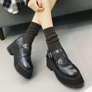 [Sẵn 37, 38] Giày búp bê Lolita ulzzang bằng da PU đế bánh mì tăng chiều cao dày 8cm có khoá hot trend, style hàn quốc