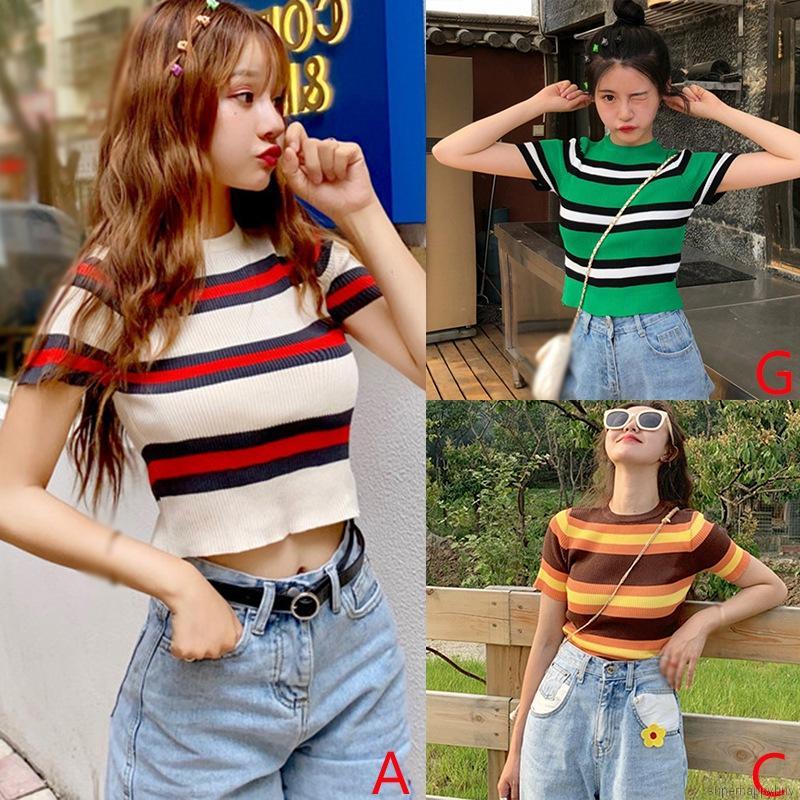 Áo Thun Ngắn Tay Sọc Ngang Xinh Xắn Cho Nữ
