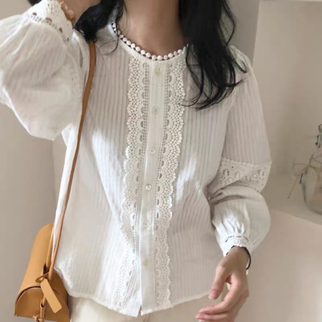 Áo Sơ Mi Nữ Cổ Tròn Viền Ren Tay Bồng Ullzzang (ẢNH THẬT+VIDEO)