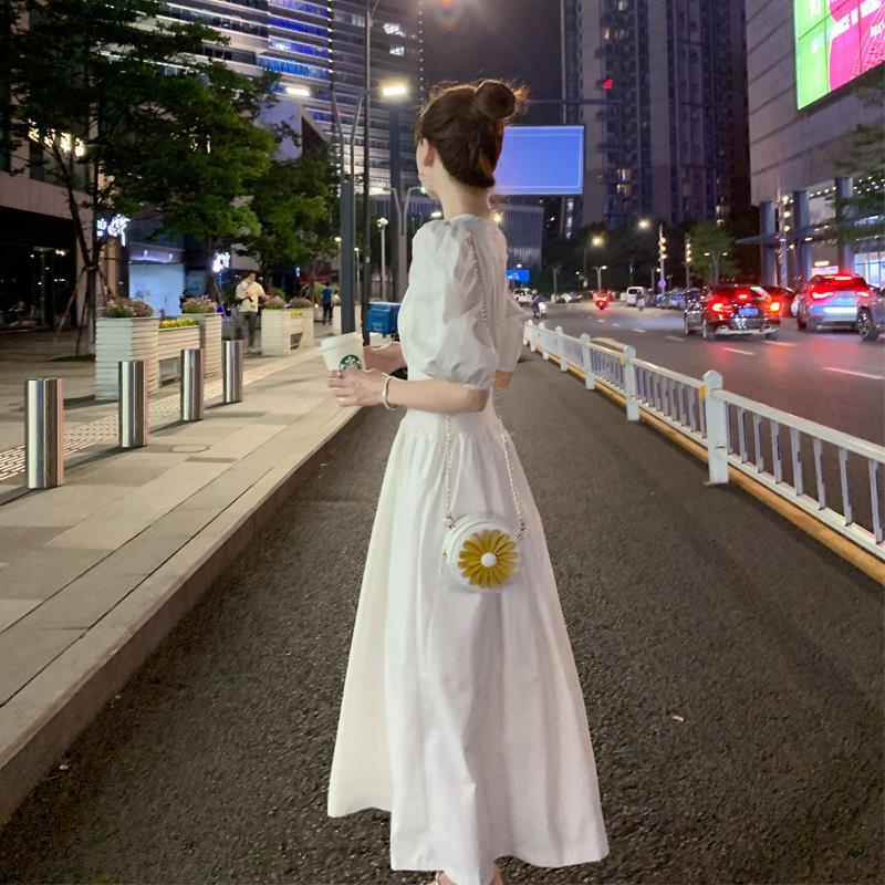 Puff Sleeve White Dress Summer New French Style Temperament Waist-Slimming Long Dress