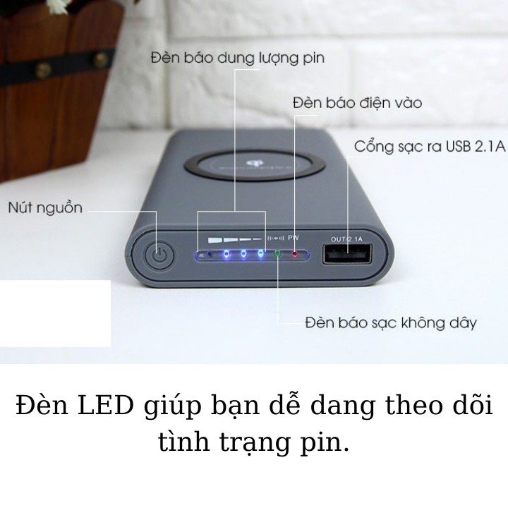 Sạc dự phòng không dây 10000 mAh QI , sạc nhiều thiết bị cùng lúc , có đèn led hiển thị