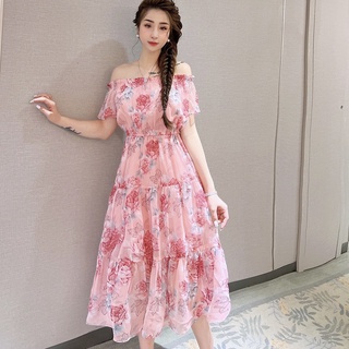 Đầm maxi hoa đi biển LAMINU thiết kế, váy hoa trễ vai, chun eo, voan tằm 2 lớp, mỏng nhẹ