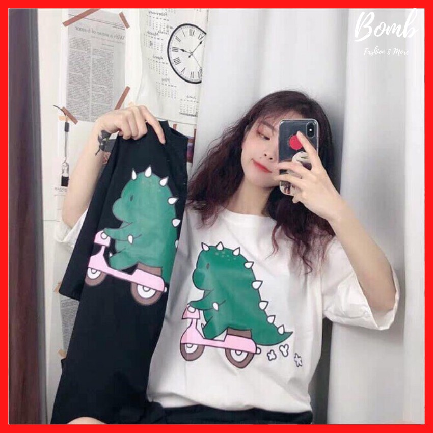 Áo thun form rộng tay lỡ (40 -70kg) in hình khủng long đạp xe siêu đáng yêu, áo phông dáng rộng siêu hot hit giá rẻ