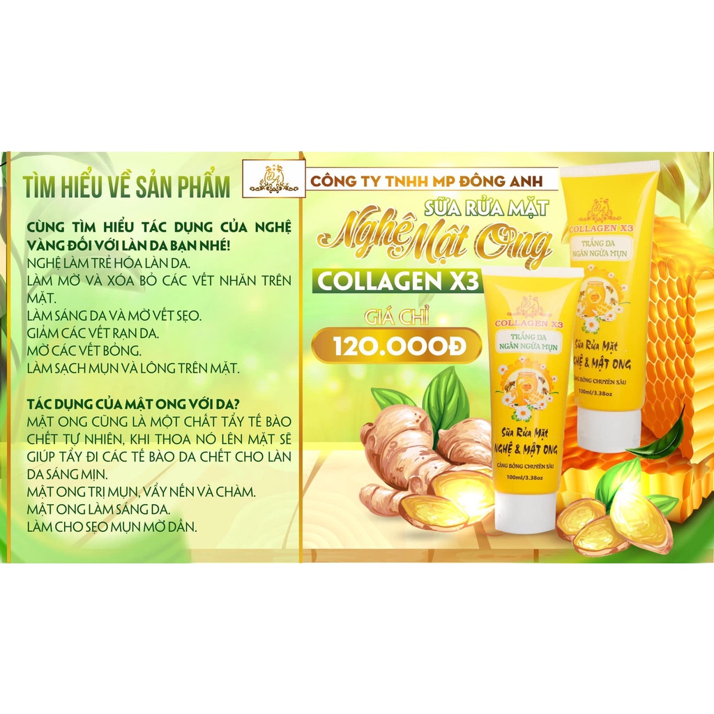 [CHÍNH HÃNG] Sữa Rửa Mặt Collagen X3 Nghệ Mật Ong Ngừa Mụn, Sạch Nhờn, Trắng Da