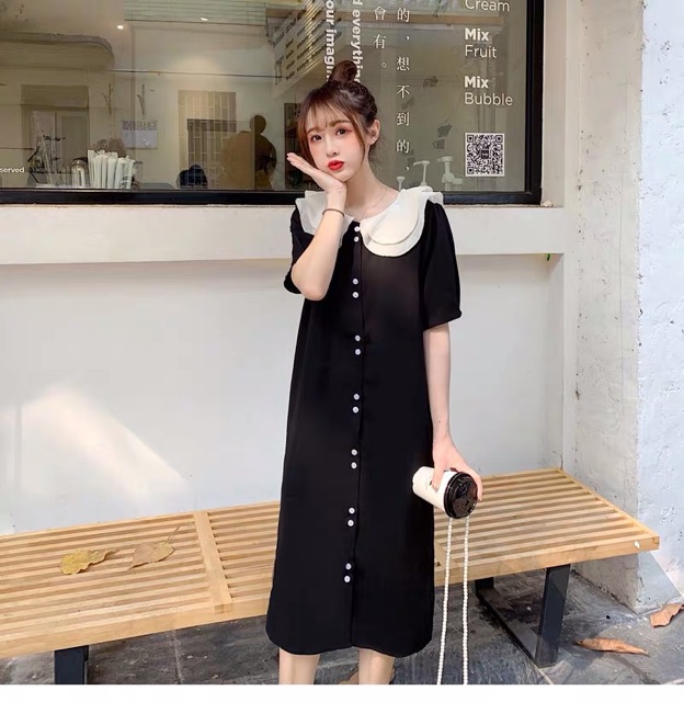 {order big size,L-4Xl}Váy cổ tròn cách tân 2 lớp đính khuy cài giữa