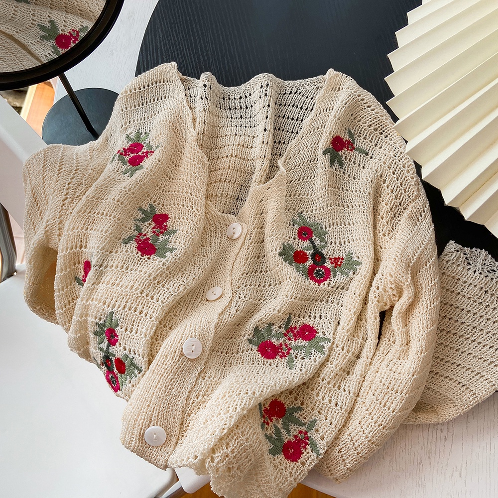 NUZIRO  Áo khoác cardigan dệt kim có cổ chữ v thêu họa tiết xinh xắn