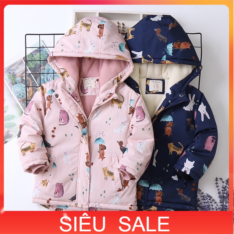 Áo khoác trẻ em nữ 4-14 tuổi lót lông in hình động vật, Áo Parka bé gái hàng xuất khẩu xịn sò kiểu dáng thời trang