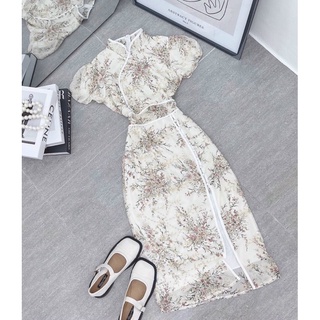 Đầm midi hoa cổ tàu xẻ đùi