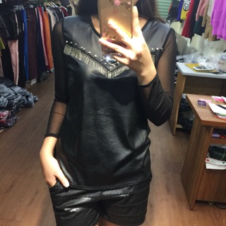 Áo da phối ren