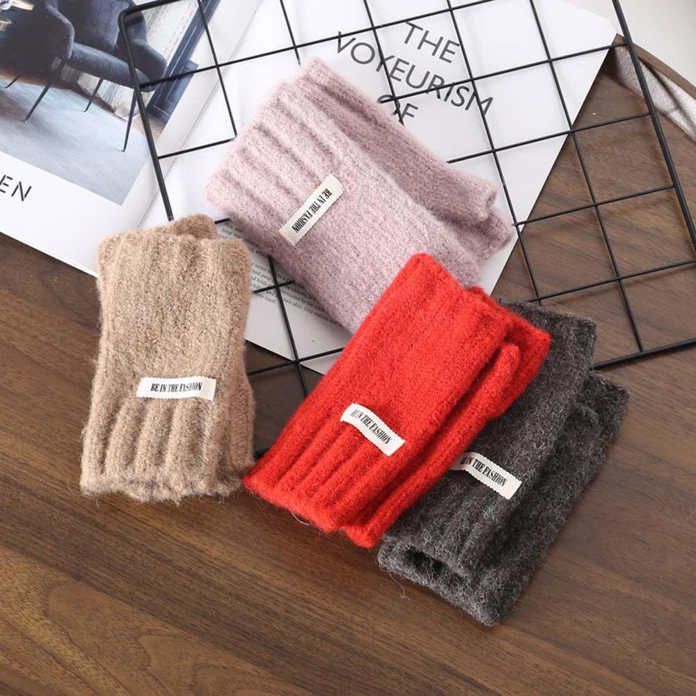 Găng Tay Len Hở Ngón Giữ Ấm Màu Trơn Cho Nữ