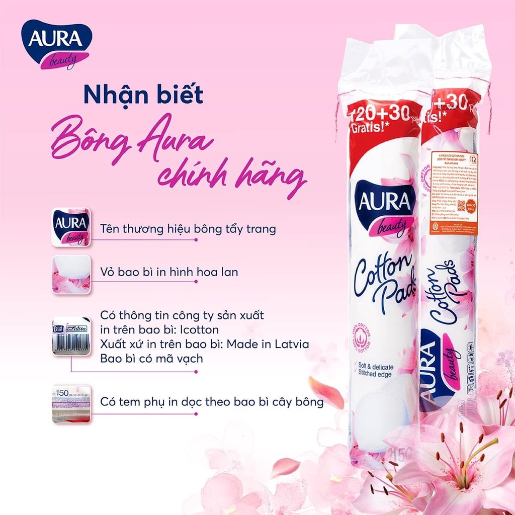 [Mua combo 5 tặng mặt nạ] Combo 5 bông tẩy trang Aura 150 miếng/1 gói ( 5x 150 miếng)