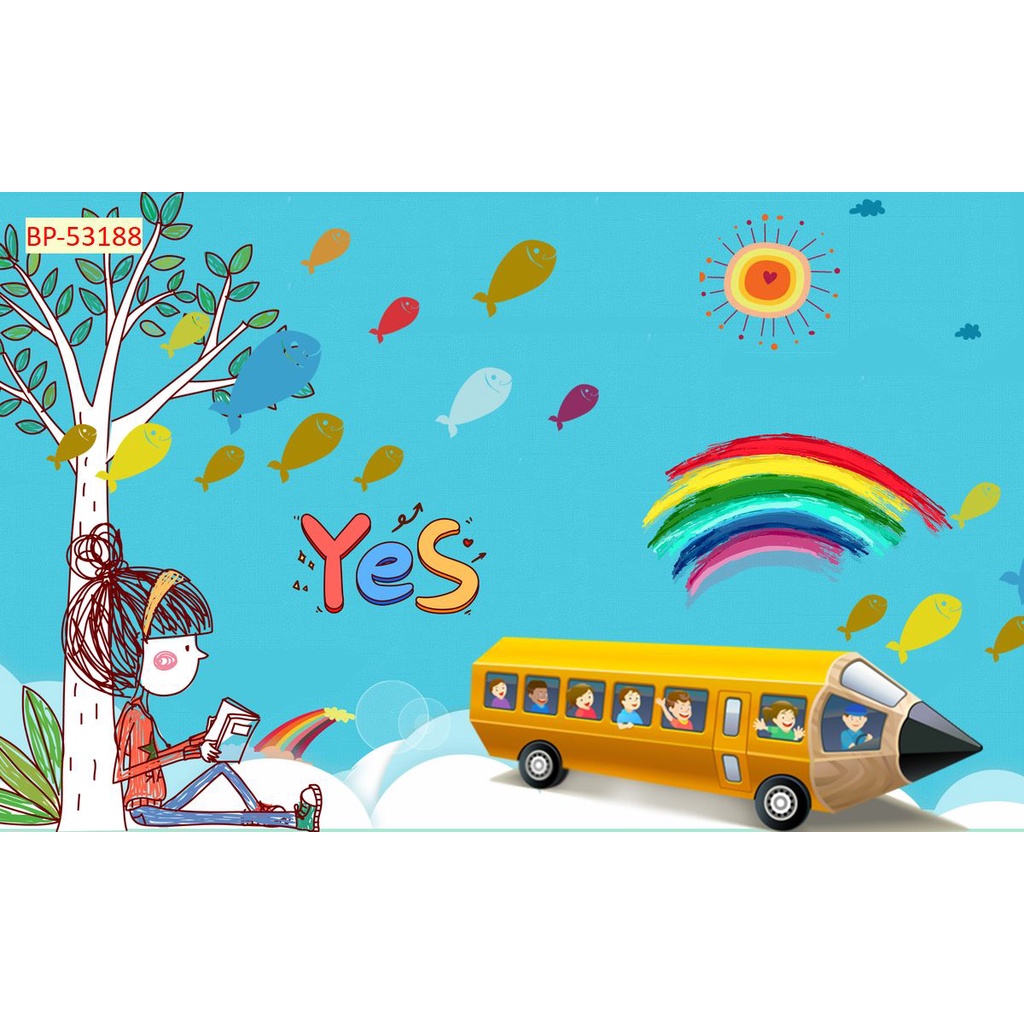 Tranh Dán Tường Phòng Trẻ Em Hình Khinh Khí Cầu, cầu vồng, bầu trời ngộ nghĩnh