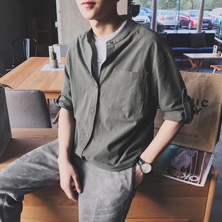 Áo Sơ Mi Tay Lửng Cổ Đứng Phong Cách Hàn Quốc Dành Cho Nam