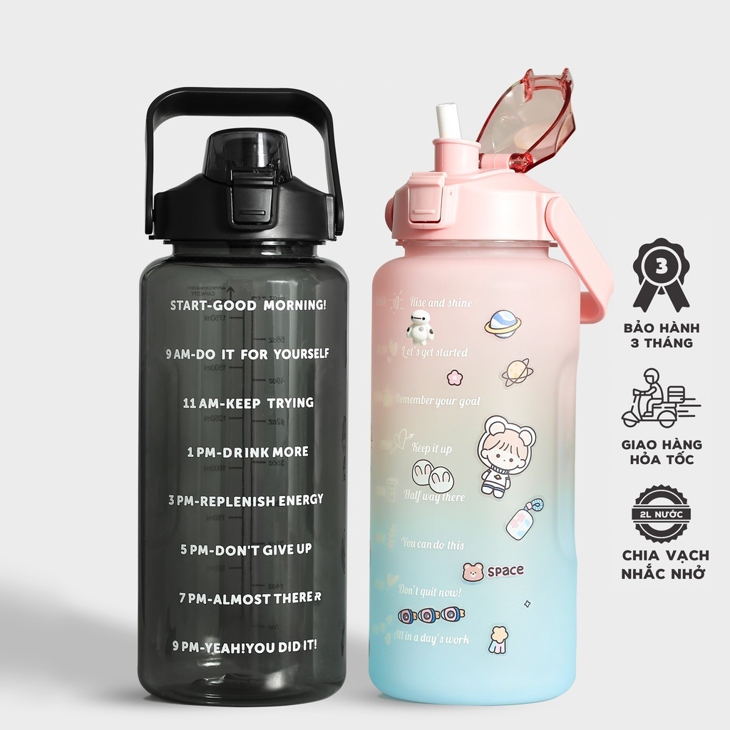 Bình nước 2 lít tặng Sticker dành cho người lười uống nước DETI bình nước cute 2L có ống hút, vạch chia nhắc giờ