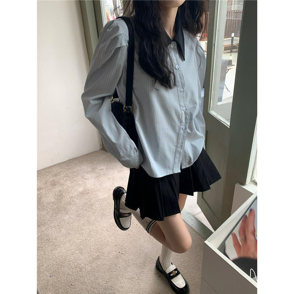 Áo Sơ Mi Kẻ Sọc Dài Tay Màu Sắc Tương Phản Phong Cách preppy 66638